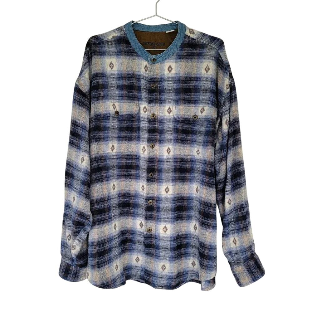 Fryday Club Button Down Shacket Mens Size XXL Blue White Plaid Aztec Cotton Long